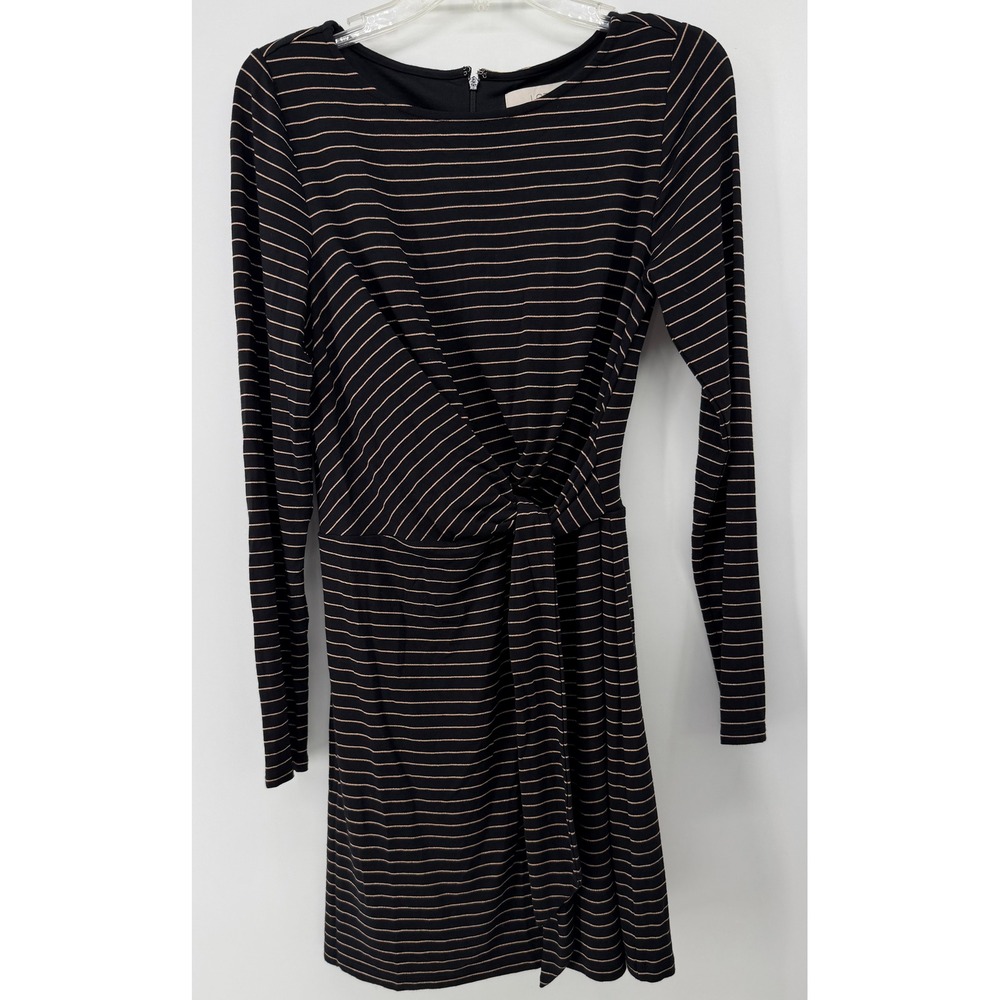 LOFT Womens Black Gold Metallic Striped Faux Wrap Long Sleeve Dress Small
